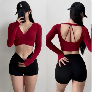 绝美普拉提套装女秋冬瑜伽服长袖带胸垫高级感红色健身服运动上衣