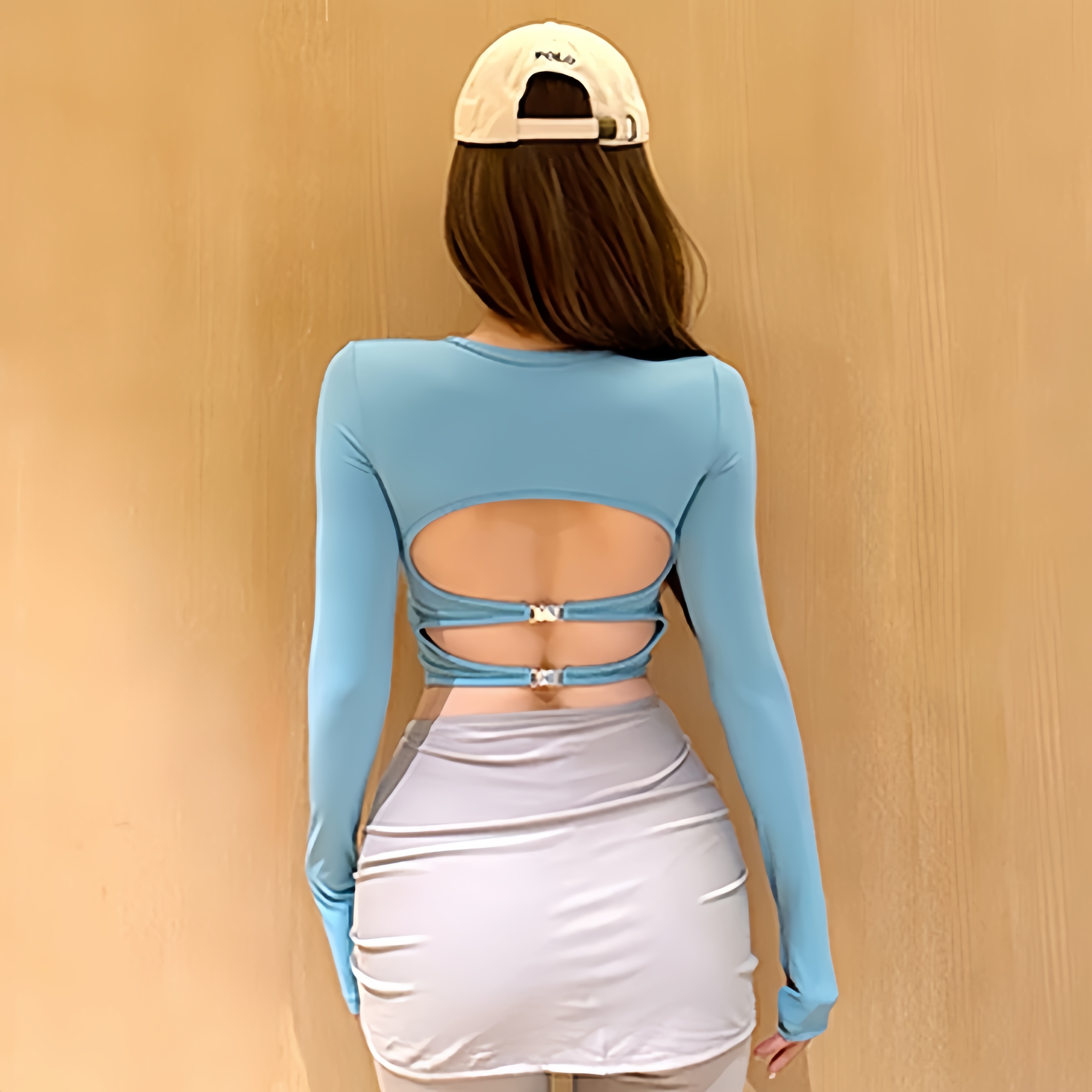 绝美露背瑜伽服女带胸垫镂空美背运动上衣长袖紧身性感短款辣妹风