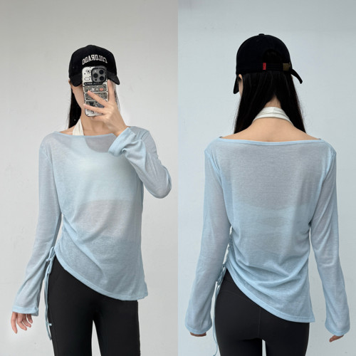 瑜伽服女长袖微透罩衫抽绳褶皱宽松休闲运动上衣普拉提训练健身服