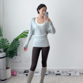 普拉提长袖 洋白菜时尚 长款 蝙蝠袖 宽松遮臀运动衣 大U领瑜伽服罩衫