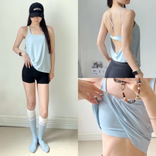 含胸垫假两件运动内衣女跑步训练健身背心交叉美背瑜伽服无袖T恤