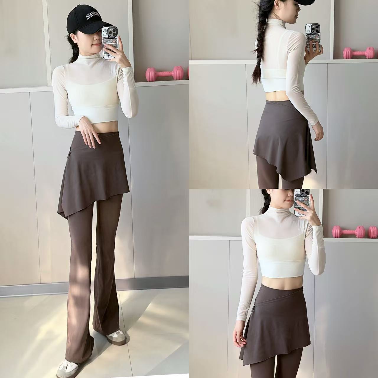 瑜伽服女秋季款网纱性感运动上衣带胸垫显瘦长袖普拉提训练健身服