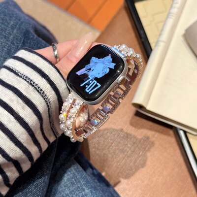珍珠双弯片镶钻石铜金属表带