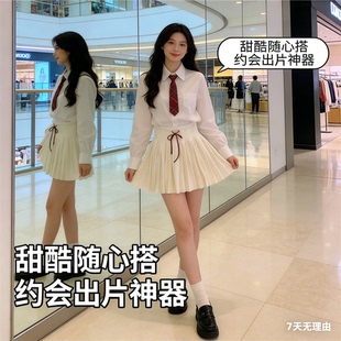 韩版青少年韩系学院风黑色针织百褶裙女高腰显瘦系带短款半身裙短