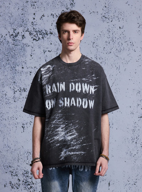 RAIN DOWN ON SHADOW 做旧洗水喷漆字母印花重磅潮牌T恤美式短袖