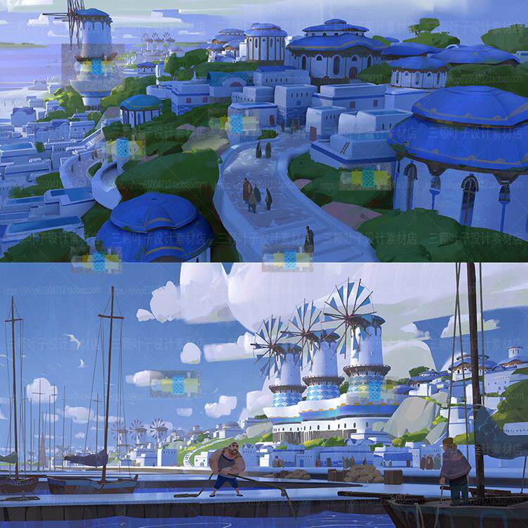 Blender希腊伊亚小镇风格海港城堡3D模型 卡通动漫场景CG素材9063