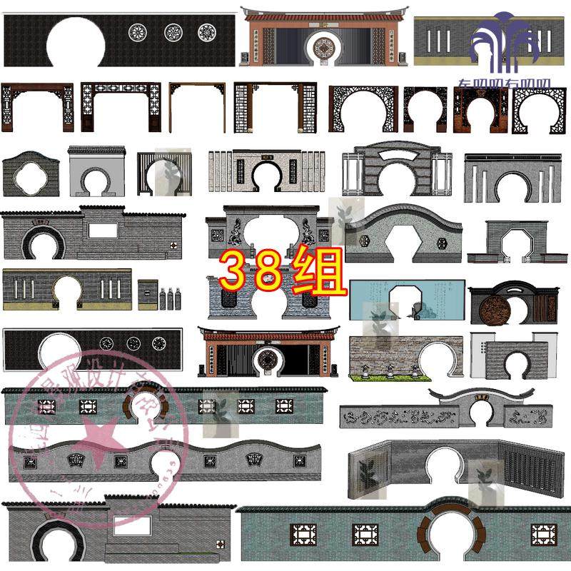 SU模型中式古典园林景观月亮门月洞门圆拱门景墙围墙建筑素材库