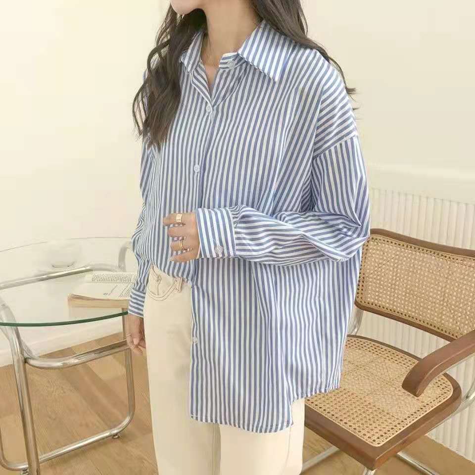 竖条纹叠穿长袖衬衫女春秋季新款气质百搭复古港味宽松韩版上衣女