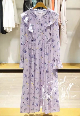 0春款韩国印花紫色柔美连衣裙