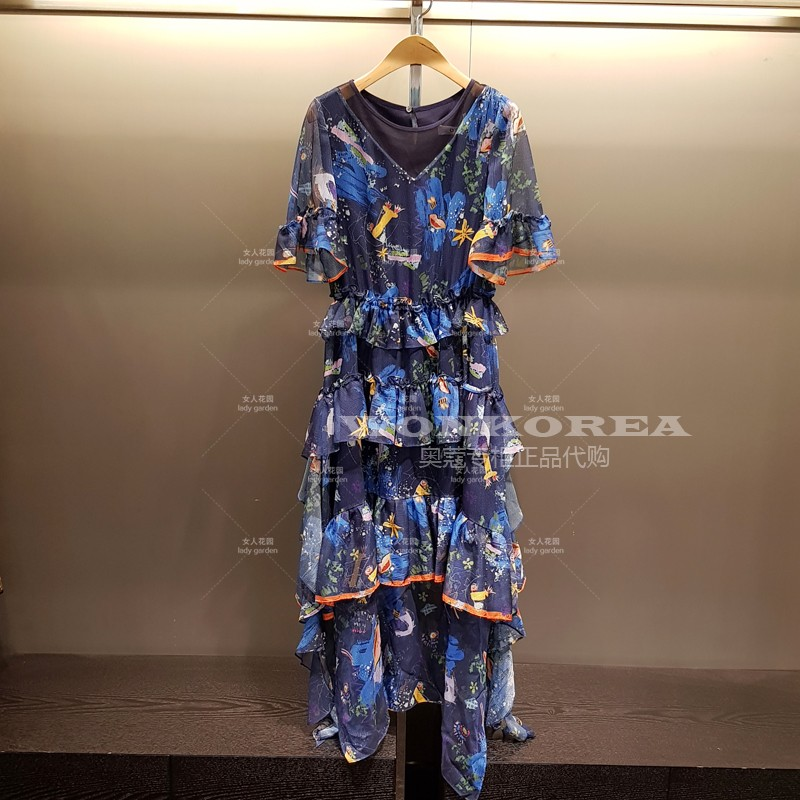 亏本回馈~韩国O2ND奥蔻不规则裙摆花边海星印花短袖雪纺连衣裙