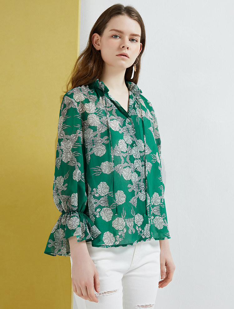 亏本回馈~韩国O2ND奥蔻复古衬衣花边领喇叭袖印花2件套粉绿色衬衫