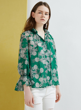 亏本回馈~韩国O2ND奥蔻复古衬衣花边领喇叭袖印花2件套粉绿色衬衫