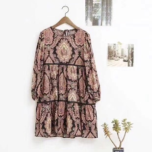 亏本回馈 韩国森系复古田园敦煌图腾印花圆领丝棉绸连衣裙 岛屿家