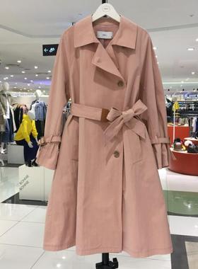 韩国DEWL优雅时尚斜襟扣设计腰带收腰修身挺阔精梳棉3色中长风衣