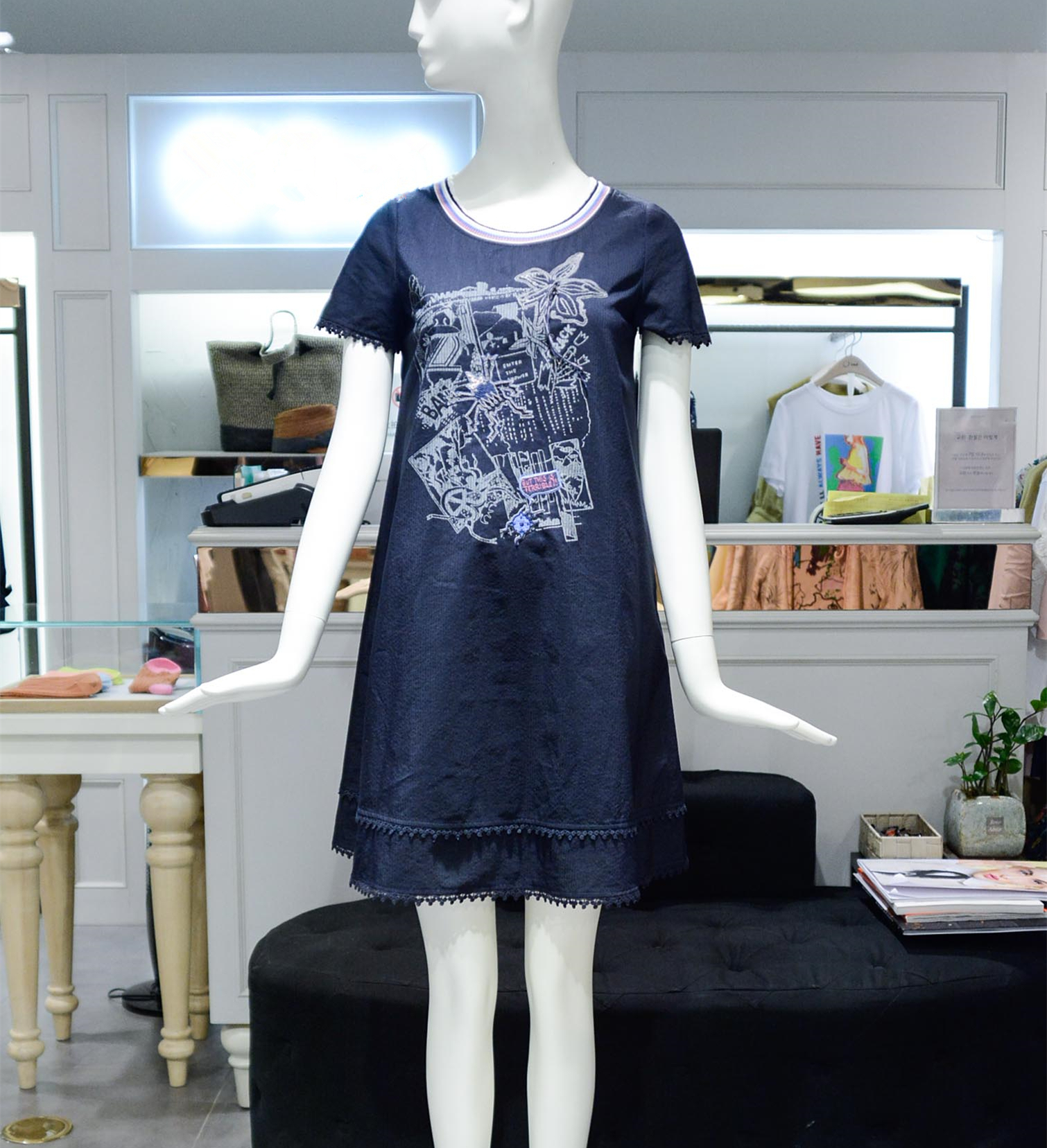 亏本回馈~韩国O2ND奥蔻优雅气质通勤印花刺绣花朵蕾丝短袖连衣裙