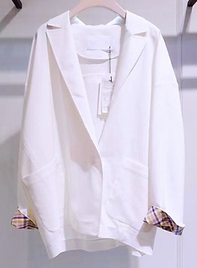 韩国O2ND奥蔻纯色百搭气质优雅白色格子卷边外套西服薄款垂顺西装