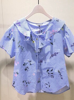 女人花园夏韩单Thyren漂亮花朵条纹荷叶边系带清新蓝色女衬衫