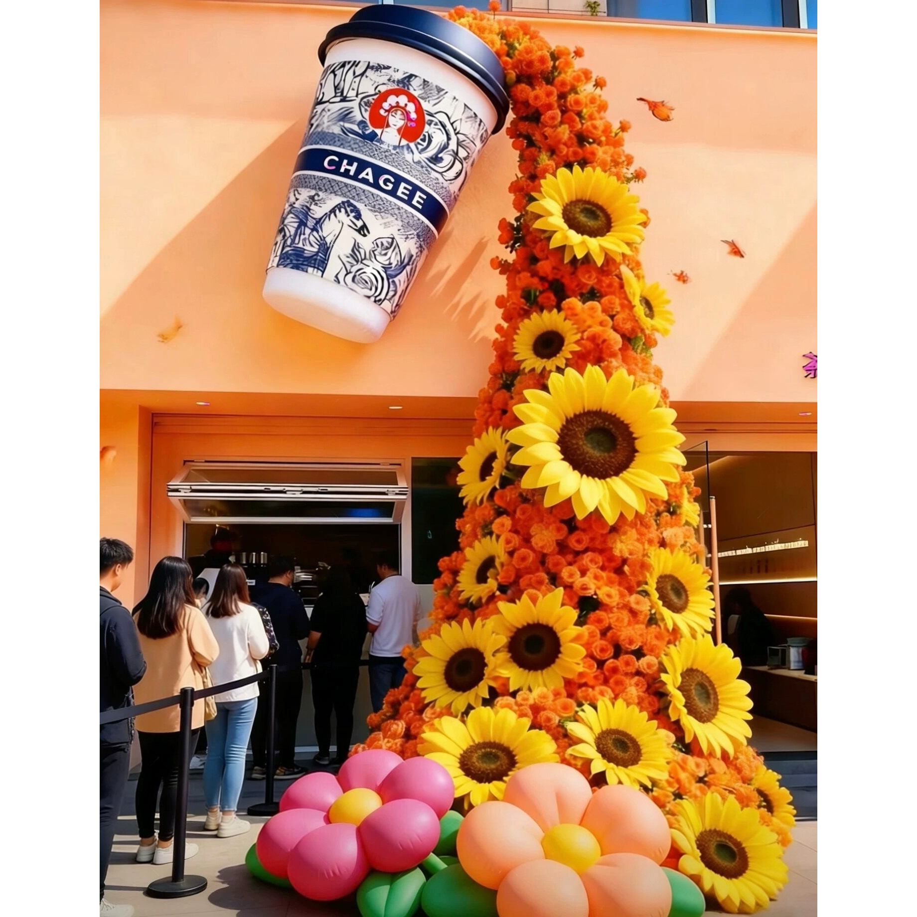 网红奶茶杯模型瀑布花装饰文旅景区街区布置茉莉奶咖啡杯摆件装饰