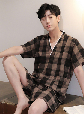 汗蒸服男纯棉女款格子情侣套装短款居家服睡衣桑拿服洗浴服足浴服