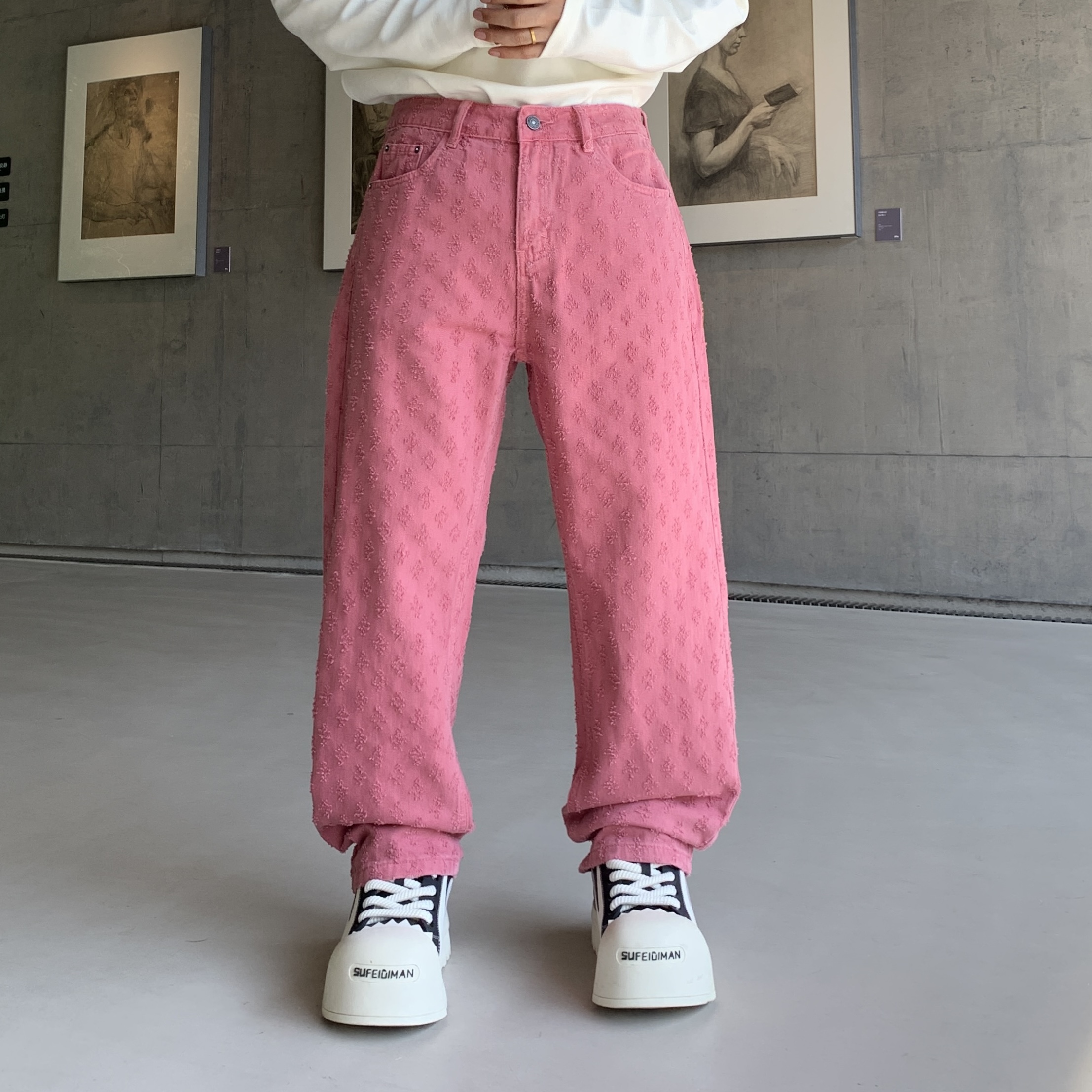 美式高街新款提花时尚潮牌宽松大直筒珊瑚粉色男女同款牛仔裤