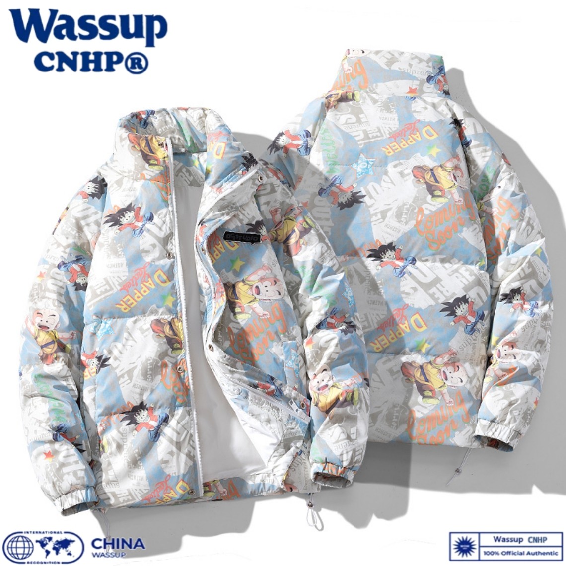 WASSUP CNHP七龙珠涂鸦羽绒服男款冬季保暖加厚情侣装立领外套男