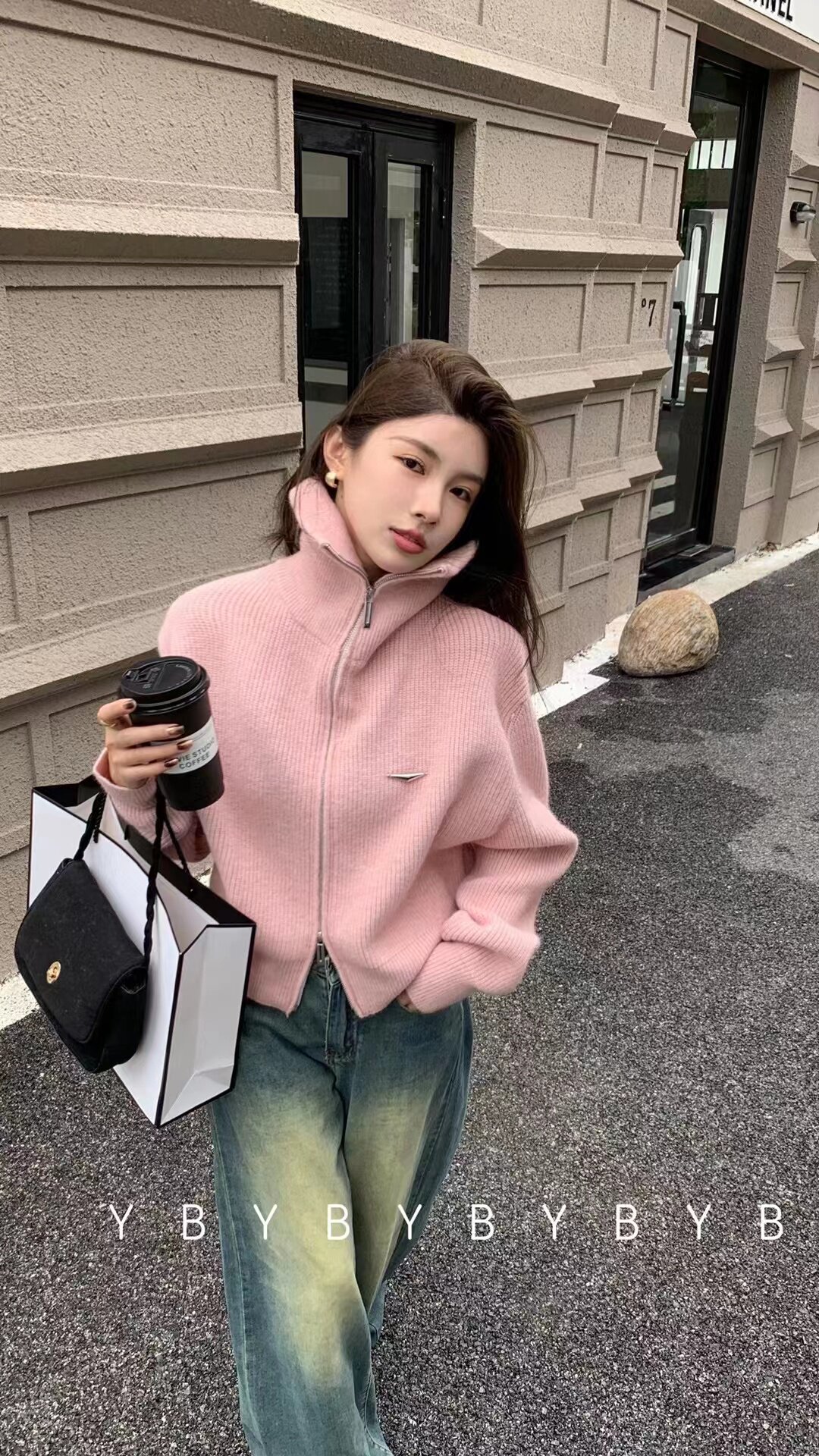 双拉链高领粉色毛衣女秋冬设计感宽松短款翻领针织开衫外套上衣女