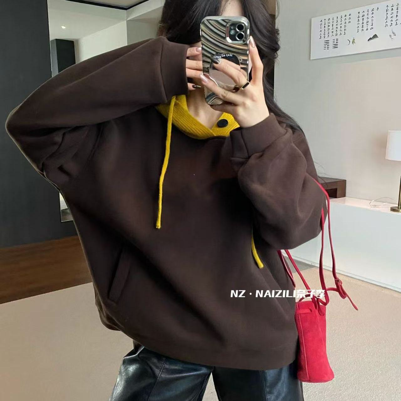 柰子2025连帽领字母简约半扣宽松套头加绒卫衣打底衫上衣潮女