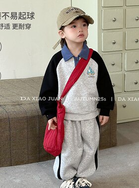 大小卷儿童套装秋季2026新品韩版拼色运动男女童装休闲卫衣两件套