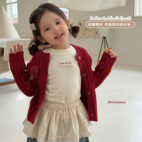 大小卷儿童宝宝刺绣针织开衫柔软2026新款春秋装女童外搭毛衣外套