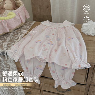 嘿甜心女童家居服套装2026新款韩版可爱粉色甜美花边儿童休闲睡衣