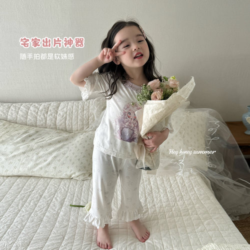 大小卷女童家居服套装夏季2026新款洋气儿童短袖轻薄宝宝夏装睡衣