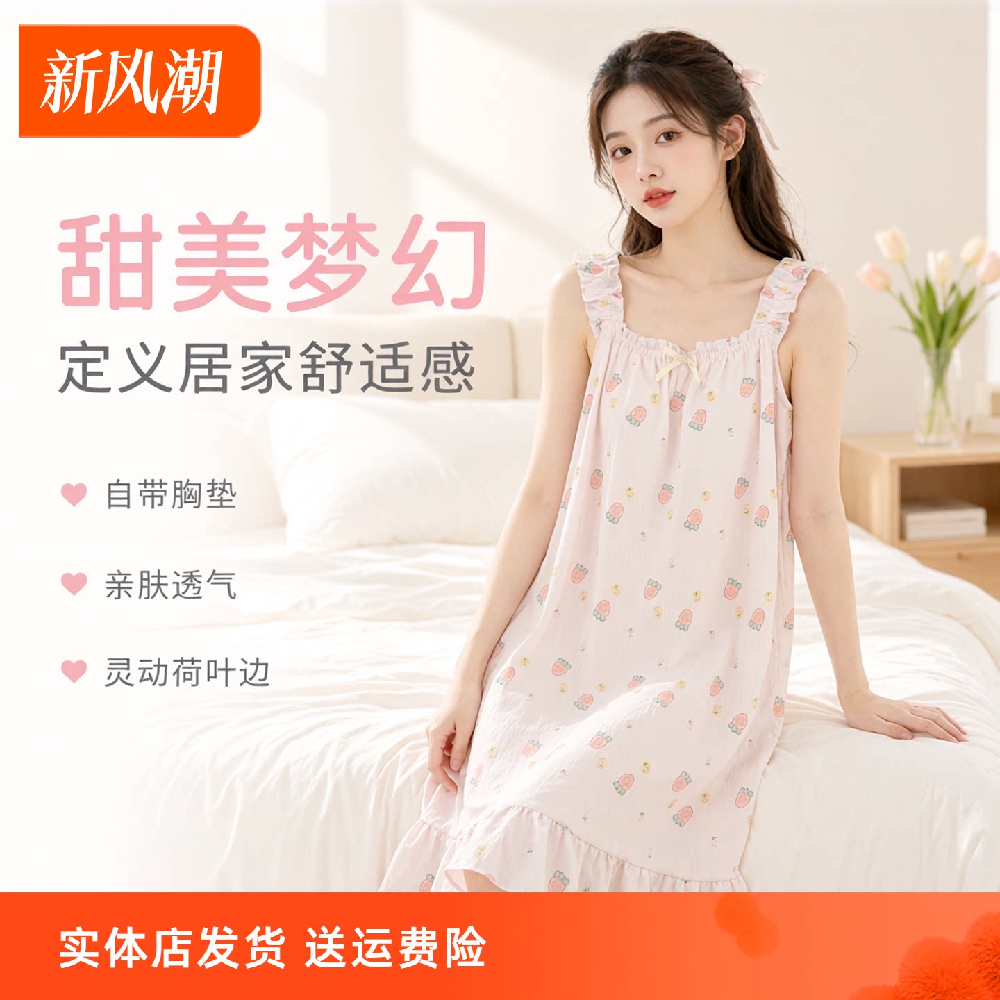 香蜜闺秀25203084女士吊带睡衣甜美可爱夏季无袖家居服睡衣带杯垫