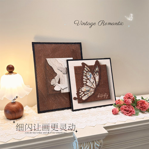 细闪蝴蝶装饰摆台法式复古挂画玄关斗柜桌面两联卧室装饰画