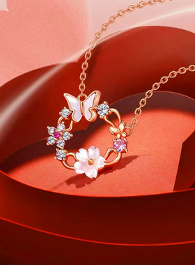 2026新款女童玫瑰金蝴蝶花朵项链