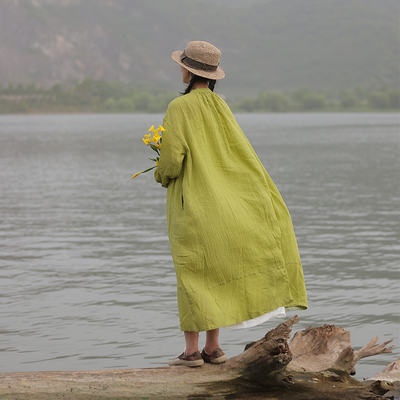 慢慢变蓝原创 荼夏季亲肤柔软匹马棉长袖连衣裙 立领文艺袍子