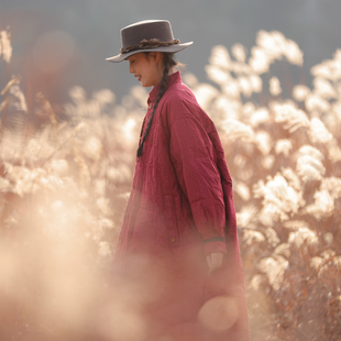 慢慢变蓝原创 荼 冬文艺复古格纹立领单排扣长款羽绒服保暖棉衣