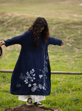 【沉蓝序· 染枝】荼 春夏植物染花卉蜡染花纹纯亚麻民族风连衣裙