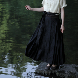 慢慢变蓝原创设计 复古老料龟裂纹香云纱半身裙马面裙