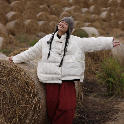 慢慢变蓝原创 荼 冬肌理提花亚麻丝羽绒服宽松立领95白鸭绒加厚