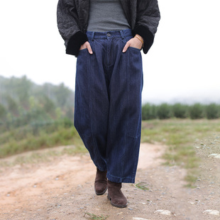 半松紧腰长裤 慢慢变蓝原创高密纯棉人字纹休闲深蓝牛仔裤 显瘦修身
