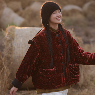 对襟棉服复古文艺棉衣 冬细腻丝绒中式 慢慢变蓝原创 荼