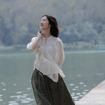 慢慢变蓝原创提花苎麻斜襟衬衫