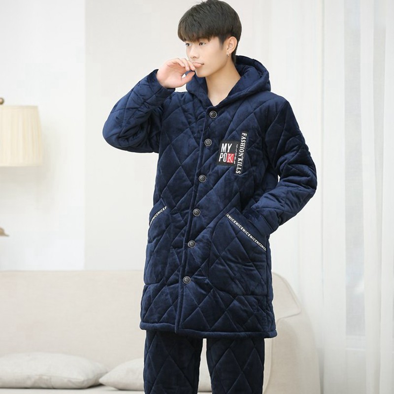 三层夹棉睡衣男士秋冬季保暖珊瑚睡衣/家居服套装