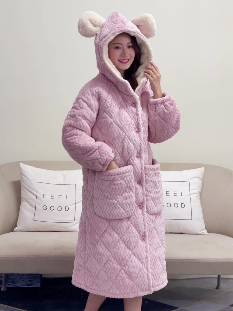 LEOPARD PRINT LONG DRESSING GOWN WOMENS WINTER CORAL VELVET PLUSH EXTRA THICK PAJAMAS THREE-LAYER PADDED JACKET WINTER HOODED LOUNGEWEAR
