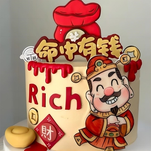 财神爷蛋糕装饰摆件命中有钱2025Rich福袋元宝发财暴富生日插件