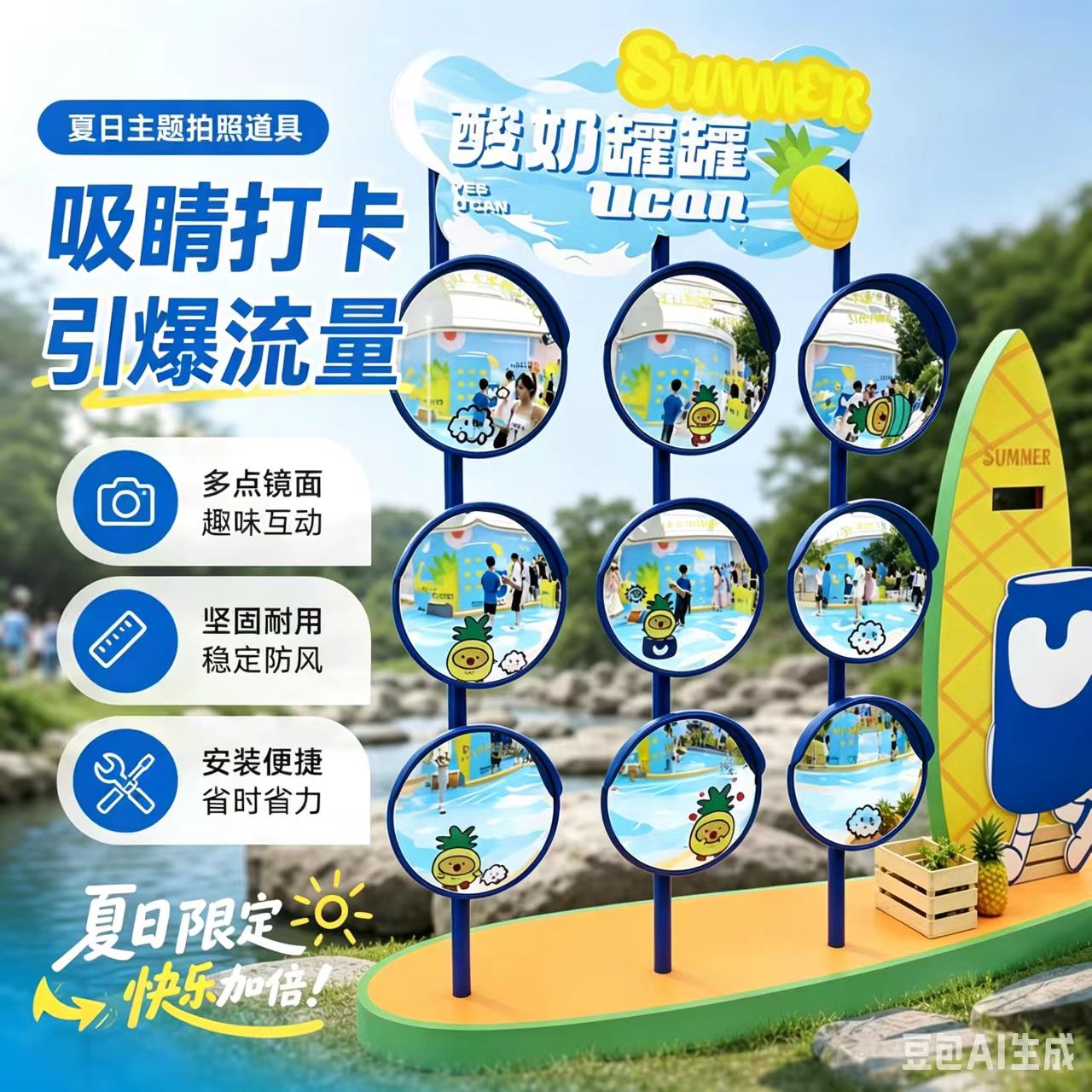 户外夏日主题拍照道具反光镜多点镜面商场景区趣味互动吸睛打卡图片