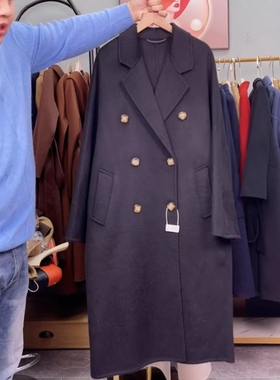 黑色100%骆驼绒10801双排扣腰带大衣外套