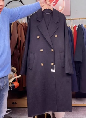 黑色100%骆驼绒10801双排扣腰带大衣外套