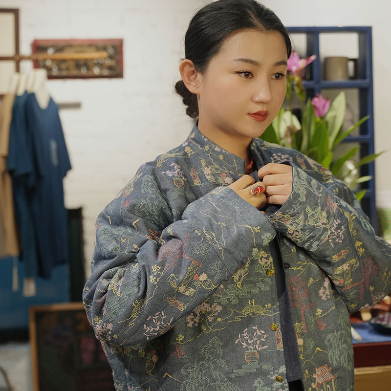 新中式亭台楼阁刺绣款棉衣牛仔布面复古国家女装外套设计款女款
