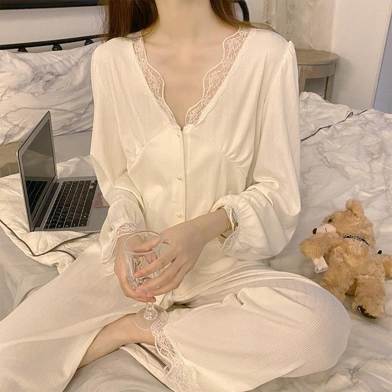 维多利亚蕾丝性感睡衣女春秋款2026年新款纯棉长袖休闲家居服套装
